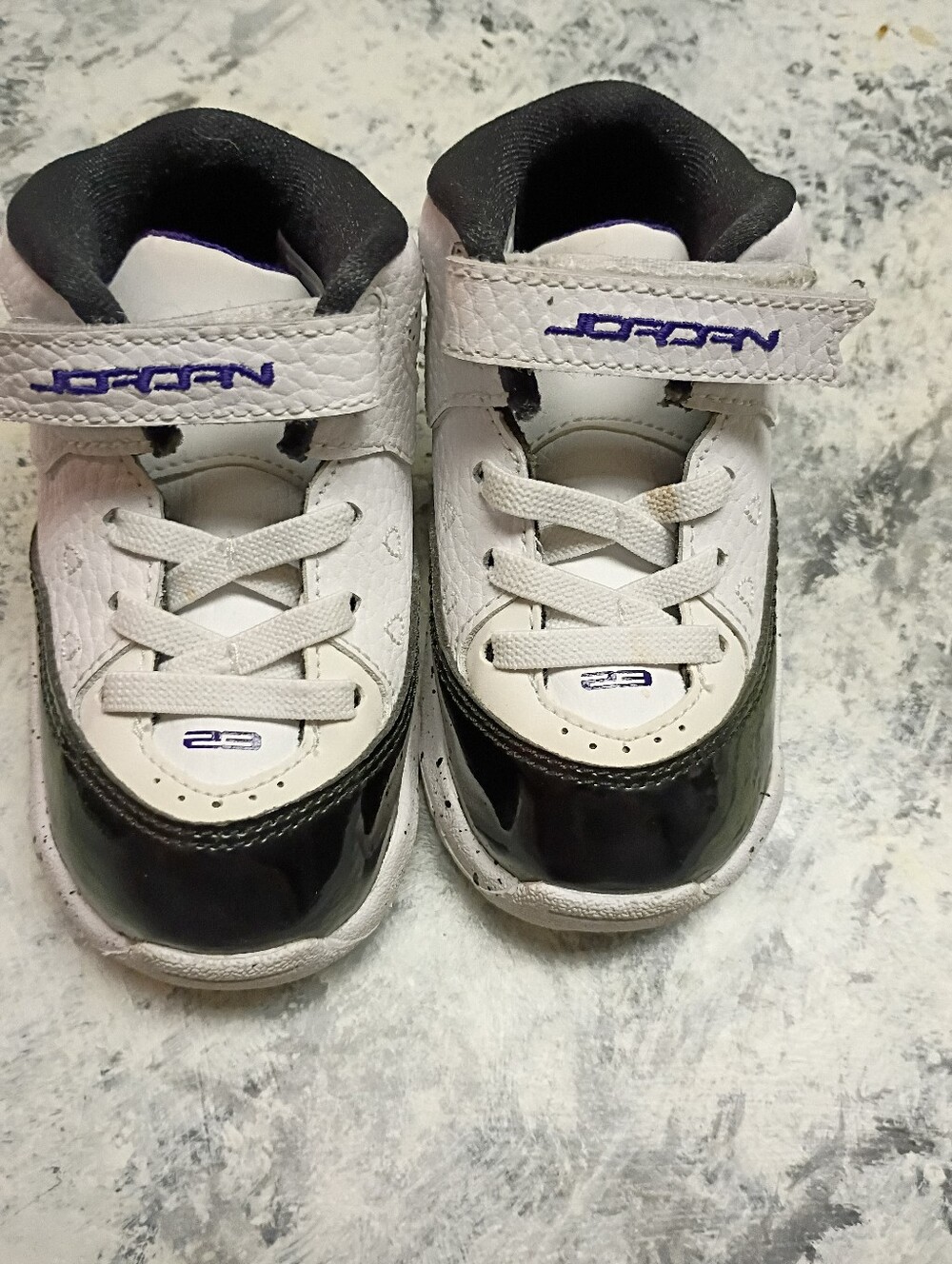 Jordan Kids White and Black Velcro Sneakers with Purple Logo